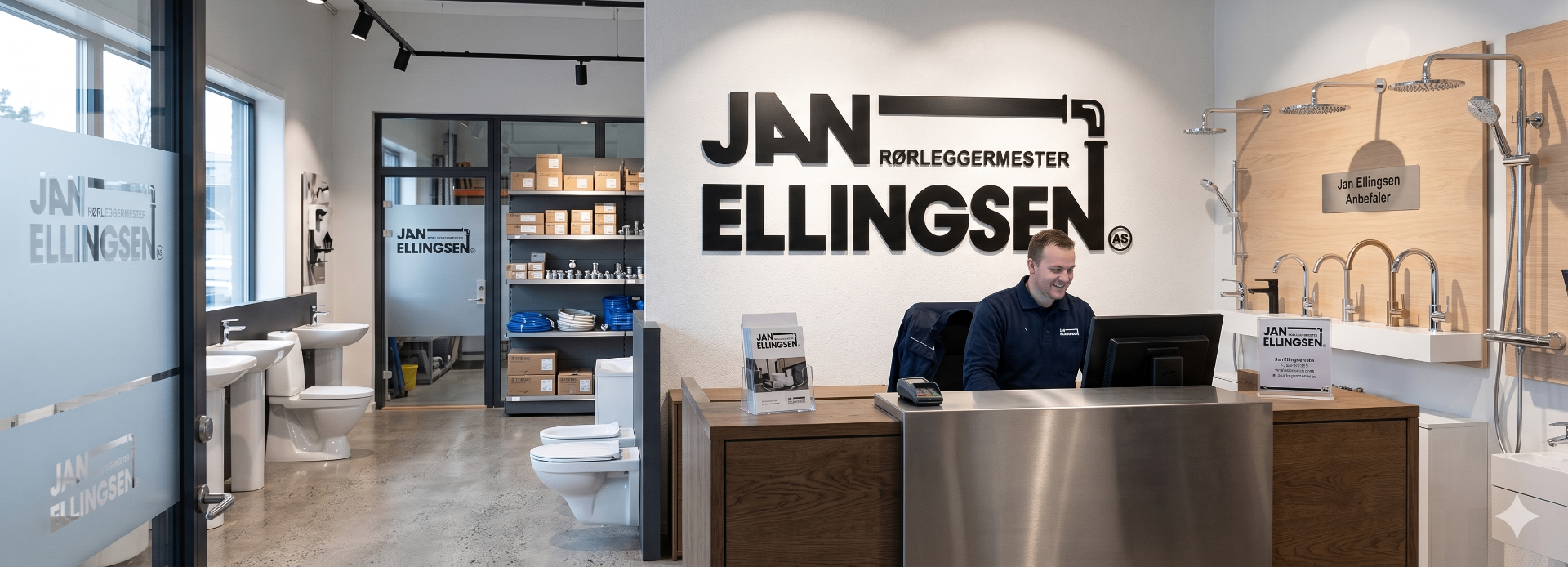 Innsiden av butikken til Jan Ellingsen på Andenes — utstilling av bad, servanter, dusjer og armaturer